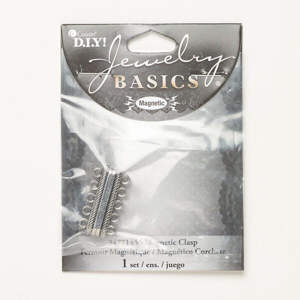 Clasp, 5-strand magnetic, antique silver-finished "pewter" (zinc-based alloy), 28x8mm double-sided rectangle with rope design. Sold individually. image number 0