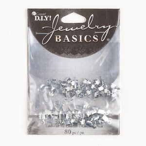 Cord end 1pkg80, silver-finished brass, 4mm and 5mm fold-over rectangle.