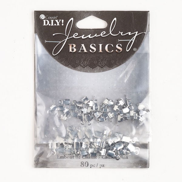 Cord end 1pkg80, silver-finished brass, 4mm and 5mm fold-over rectangle. image number 0