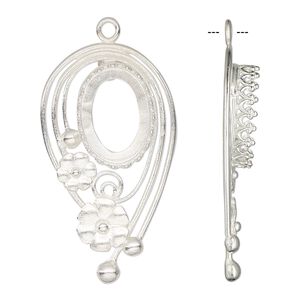 Focal, JBB Findings, silver-plated brass, 34x20mm-36x20mm single-sided with flower design and 14x10mm oval bezel setting. Sold individually.
