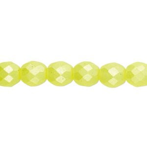 Bead, Czech fire-polished dipped décor glass, pearlescent light yellow, 8mm faceted round. Sold per 15-1/2" to 16" strand.