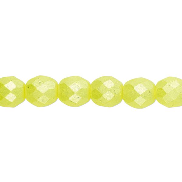 Bead, Czech fire-polished dipped décor glass, pearlescent light yellow, 8mm faceted round. Sold per 15-1/2" to 16" strand. image number 0