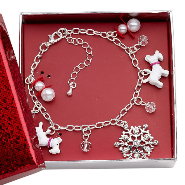 Bracelet, acrylic pearl / glass rhinestone / glass / ribbon / silver-finished brass / steel / "pewter" (zinc-based alloy), multicolored, dog / snowflake / snowman, 7 inches with 2-1/4 inch extender chain and lobster claw clasp. Sold individually. image number 0