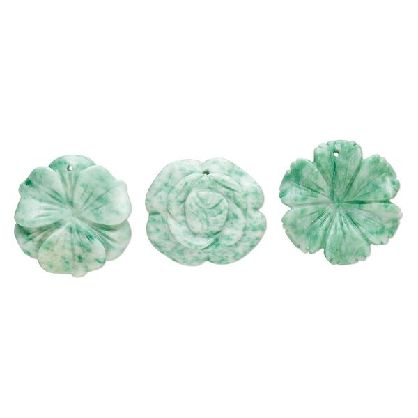 Ching hai "jade" 1pkg3, top-drilled carved flower focal natural mix 34x30mm-36x36mm image number 0