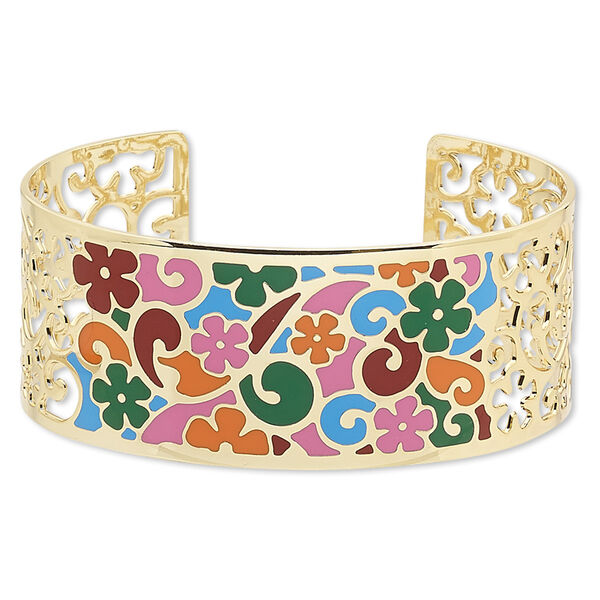 Bracelet, Avant-Garde Jewelry Collection™, cuff, enamel and gold-plated brass, multicolored, 30mm wide with cutout and flower with swirl design, adjustable from 7-1/2 to 8 inches. Sold individually. image number 0