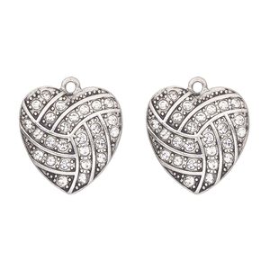 Charm, antique silver-finished "pewter" (zinc-based alloy) and glass, clear, 23x22mm single-sided heart with "volleyball pattern". Sold per pkg of 2.