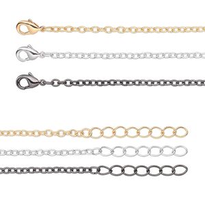 Chain, gold-finished / silver- / gunmetal-plated brass, 2.5mm cable, 7 inches with 1-1/4 inch extender chain and lobster claw clasp. Sold per pkg of 6.