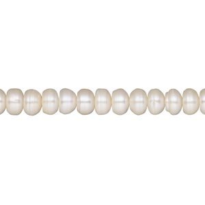 Pearl, cultured freshwater (bleached), white, 5-7mm button, C+ grade, Mohs hardness 2-1/2 to 4. Sold per 14-inch strand.