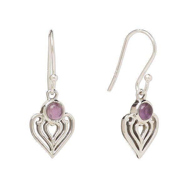 Earring, Create Compliments®, antiqued sterling silver and amethyst (natural), fishhook, 28.5mm with 15x9mm single-sided heart, 21 gauge. Sold per pair. image number 0