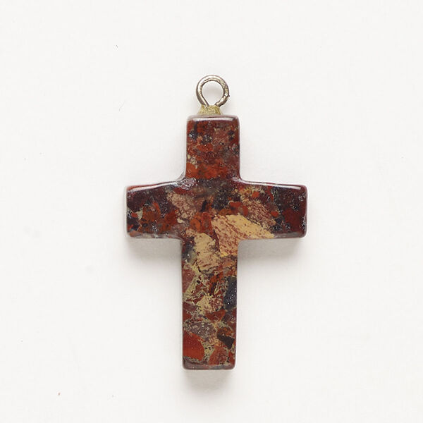 Drop, silver-finished steel and brecciated jasper (natural), 24x19mm-28x20mm cross. Sold individually. image number 0