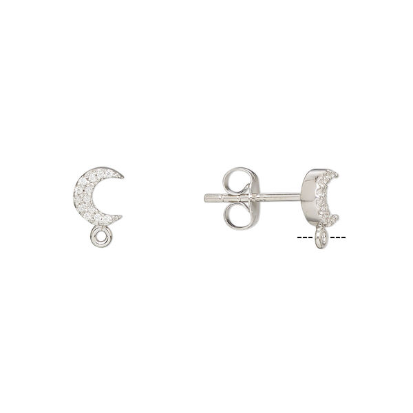Earstud, cubic zirconia and rhodium-plated sterling silver, clear, 6x5.5mm moon with closed loop. Sold per pair. image number 0
