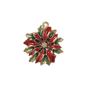 Charm, enamel and gold-finished "pewter" (zinc-based alloy), red and green, 20.5x20.5mm single-sided poinsettia. Sold individually.
