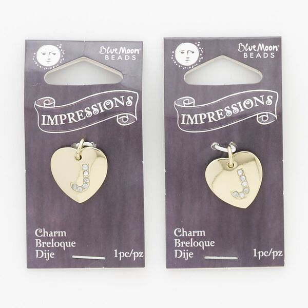 Charm, gold-finished "pewter" (zinc-based alloy) / steel / acrylic rhinestone, clear, 15.5x15mm single-sided puffed heart with letter "J." Sold per pkg of 2. image number 0