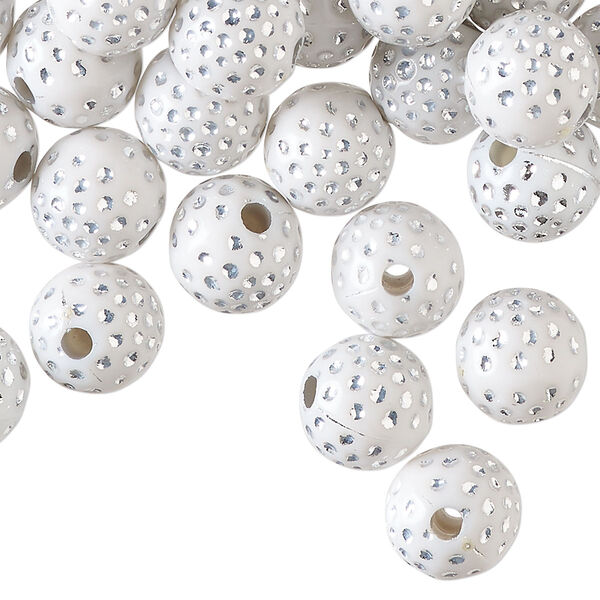 Bead, acrylic, white and silver, 10mm round with dots. Sold per pkg of 100. image number 0