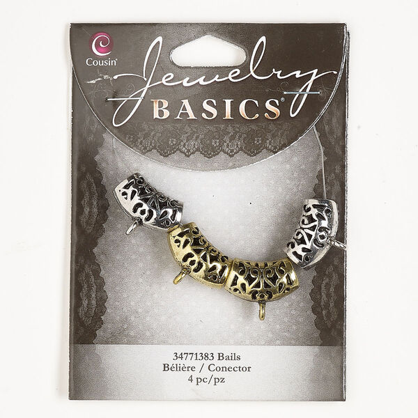 Bead, antique silver- and antique gold-finished "pewter" (zinc-based alloy), 19x12mm round tube with cutout design. Sold per pkg of 4. image number 0