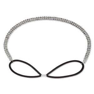 Headband, stretch, glass rhinestone / nylon / silver-plated brass, black and clear, 8mm wide with cupchain, 22-28 inches. Sold individually.