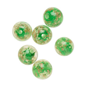Bead, lampworked glass, clear / green / glow-in-the-dark / gold, 10mm round. Sold per pkg of 6.