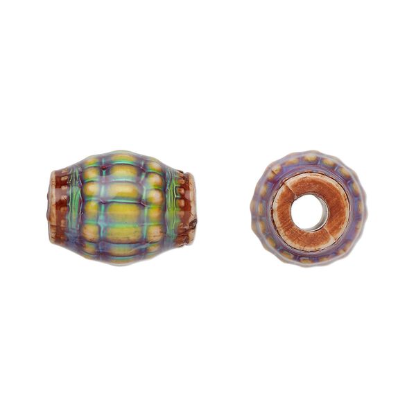 Bead, acrylic, opaque multicolored, 15.5x12mm color-changing corrugated barrel, 3.5mm hole. Sold per pkg of 2. image number 0