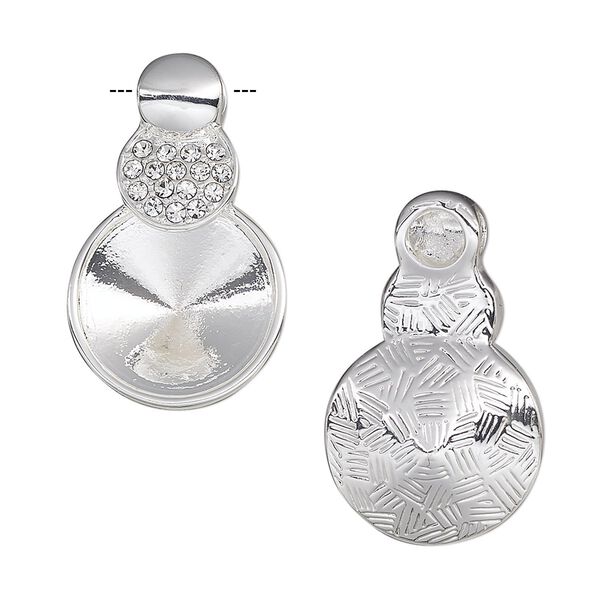 Pendant, Almost Instant Jewelry®, crystals and silver-plated "pewter" (zinc-based alloy), crystal clear, 26x16mm two-sided triple round with 14mm rivoli setting. Sold individually. image number 0