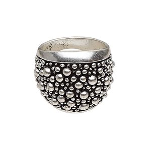 Ring, antique silver-plated "pewter" (zinc-based alloy), 23mm wide with raised beaded pattern, size 8. Sold individually.