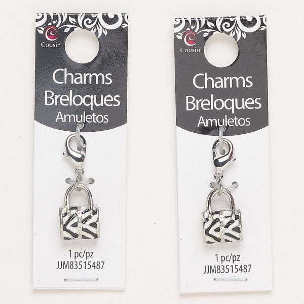 Brass / steel / enamel 1pkg2, purse charm / lobster claw clasp silver-finished / black / white 15x11mm image number 0