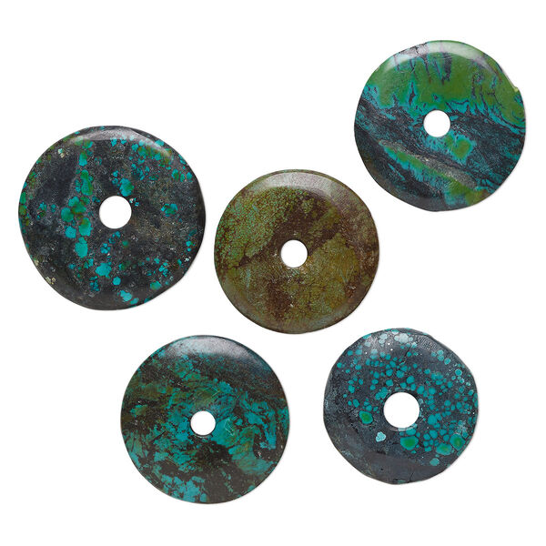 Focal, turquoise (dyed / stabilized), blue-green / green / green-brown, 37-49mm donut with heavy matrix, D grade, Mohs hardness 5 to 6. Sold per pkg of 5. image number 0