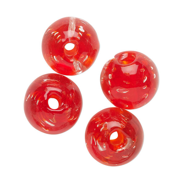 Bead, lampworked glass, translucent red, 14mm round. Sold per pkg of 4. image number 0