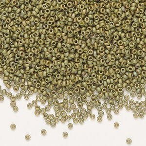 Seed bead, Miyuki, 1pkg35g, glass, #15 rocaille, opaque matte rainbow light olive (RR-2033)