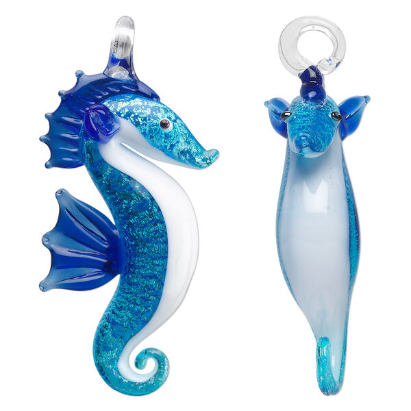 Focal, lampworked glass, blue / dark blue / white with silver-colored foil, 70x30mm double-sided seahorse. Sold individually. image number 0