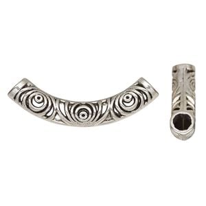 Bead, antique silver-finished "pewter" (zinc-based alloy), 52.5x17mm curved tube with cutout circle design. Sold per pkg of 2.