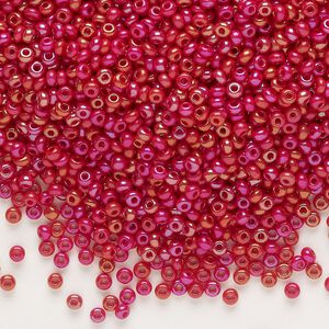 Seed bead, glass, pkg/50g, #10 rocaille, translucent rainbow red.