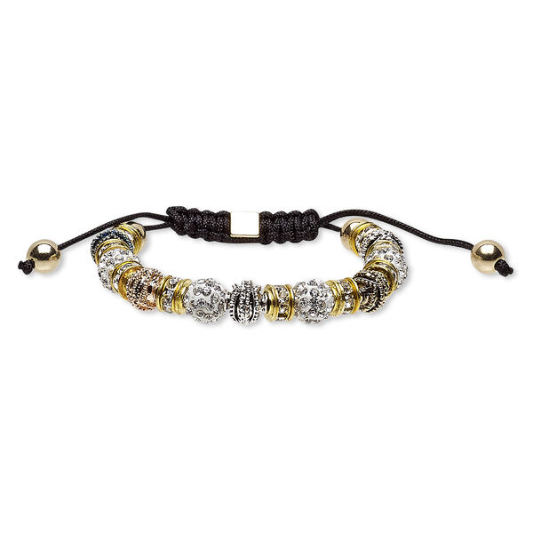 Bracelet, glass rhinestone / enamel / nylon / polymer clay / gold-finished steel / antique gold-finished / brass- / copper- / gold- / antique silver-plated "pewter" (zinc-based alloy), multicolored, 10mm wide, adjustable from 6-1/2 to 8-1/2 inches with macramé knot closure. Sold individually. image number 0