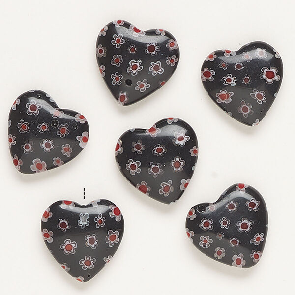 Bead, millefiori glass, opaque black / red / white, 16-18mm half-drilled puffed heart. Sold per pkg of 6. image number 0