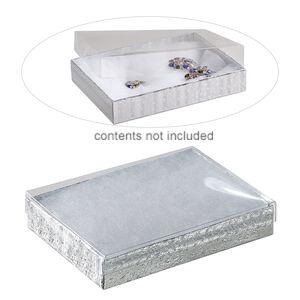 Box, plastic and paper, "cotton"-filled, silver and clear, 5-3/8 x 3-7/8 x 1-inch rectangle. Sold per pkg of 10.