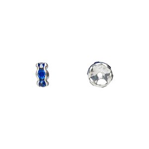 Bead, glass rhinestone and silver-plated brass, sapphire blue, 6x3mm rondelle. Sold per pkg of 10.