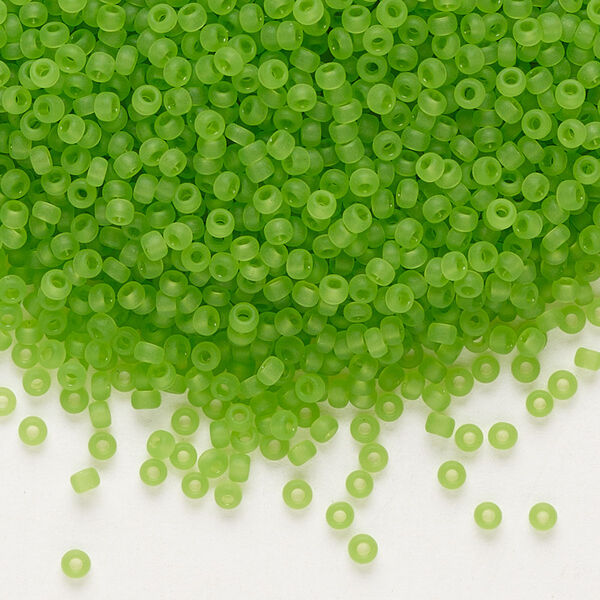 Seed bead, Miyuki, glass, pkg/25g, #11 rocaille, translucent matte lime, (RR-144F). image number 0