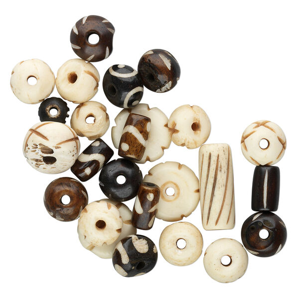Bead mix, bone (dyed / bleached), 7x5mm-14x14mm mixed shape, Mohs hardness 2-1/2. Sold per 50-gram pkg, approximately 60-90 beads. image number 1
