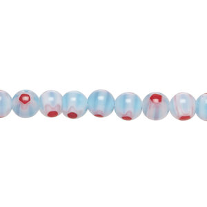 Bead, millefiori glass 1pkg1, translucent white / blue / red, 6mm round, 15 inches.