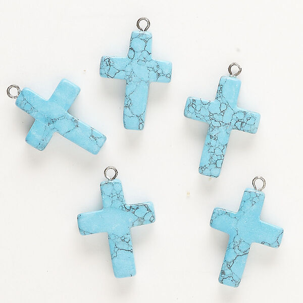 Drop, "turquoise" (resin) (imitation) and steel, blue, 25x18mm-27x20mm cross with loop. Sold per pkg of 5. image number 0