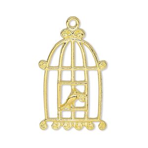 Focal, gold-finished "pewter" (zinc-based alloy), 30.5x20mm single-sided bird in cage. Sold per pkg of 4.