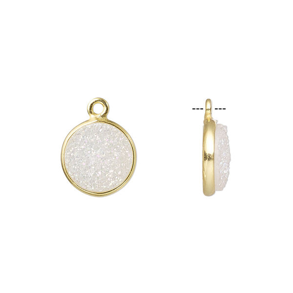 Drop, titanium- / electro-coated druzy agate (coated) / gold-finished sterling silver, white opal, 11mm hand-cut single-sided flat round. Sold individually. image number 0
