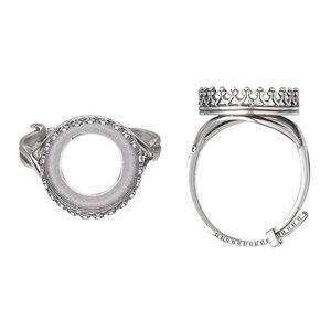 Ring, JBB Findings, antique silver-plated brass, 16mm wide with decorative trim and 14mm round bezel setting, adjustable from size 8-11. Sold individually.