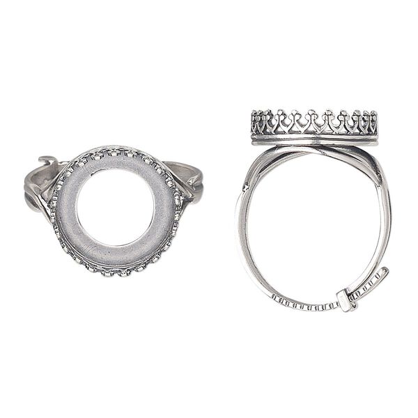 Ring, JBB Findings, antique silver-plated brass, 16mm wide with decorative trim and 14mm round bezel setting, adjustable from size 8-11. Sold individually. image number 0