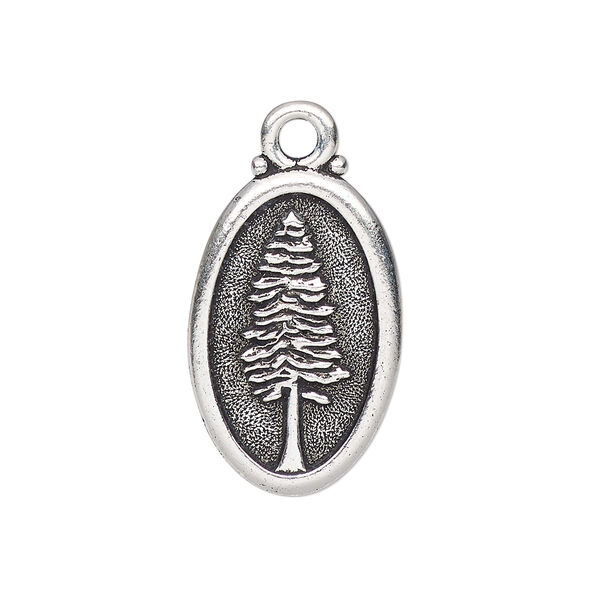 Charm, TierraCast®, antique silver-plated pewter (tin-based alloy), 26x16mm 2-sided oval with redwood and "Not all those who wander are lost." Sold individually. image number 0