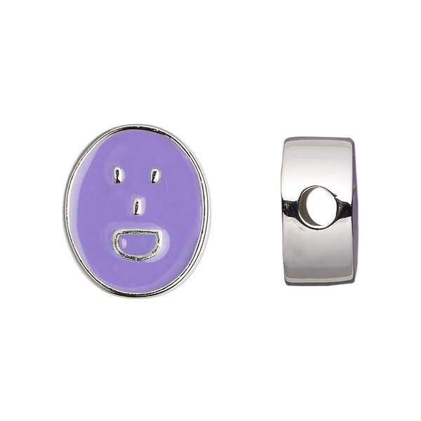 Bead, Dione®, silver-finished "pewter" (zinc-based alloy) and enamel, light purple, 18x16mm double-sided flat oval with laughing emoticon face, 4mm hole. Sold individually. image number 0