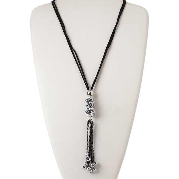 Necklace, 2-strand, velvet cord / steel / glass / silver-coated plastic, black and metallic silver, 8x6mm faceted rondelle with 6-inch dangle, 32 inches with knotted end. Sold individually. image number 0