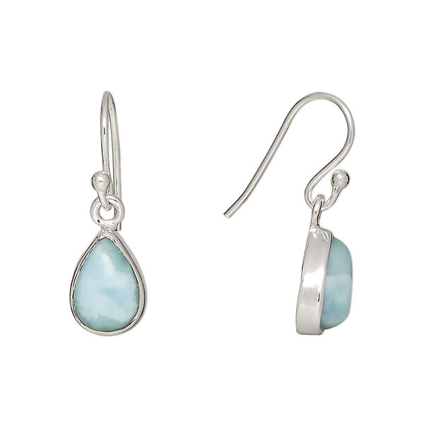 Earring, larimar (natural) and sterling silver, 24mm with 11x8mm teardrop and fishhook wire, 21 gauge. Sold per pair. image number 0