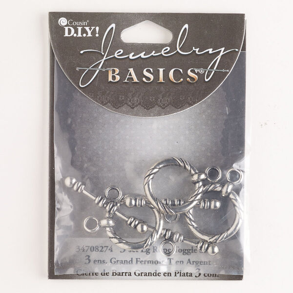 Clasp, toggle, brass, pkg/3, 23x21mm twisted round, antique silver finish. image number 0