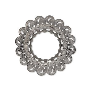 Component, gunmetal-plated brass, 29mm single-sided filigree open round with 14mm center hole. Sold per pkg of 10.