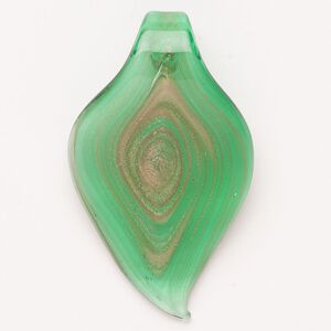 Focal, lampworked glass, translucent green with copper-colored glitter, 63x37mm-67x39mm leaf. Sold individually.